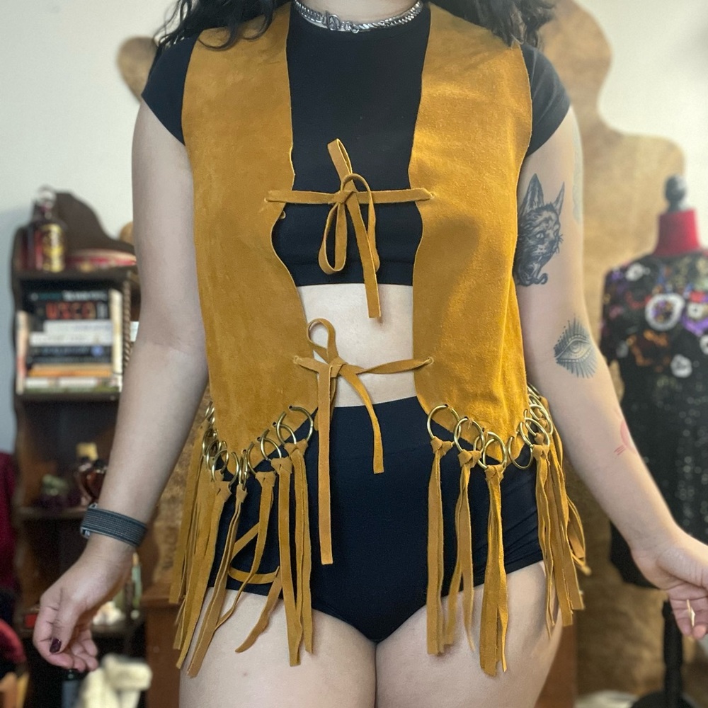 70s! Suede yellow/ orange vest with tassels and hardware